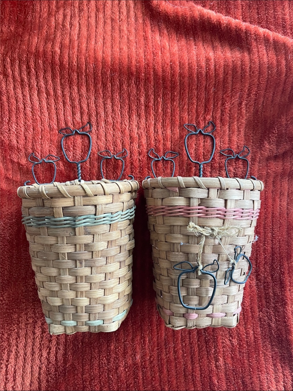 Bundle of Woven Baskets in Natural with Pink & Blue Trim with Metal Apple Accent
